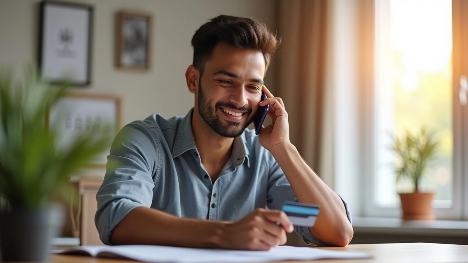 A person smiling with relief on the phone after successfully getting a late fee waived for their **missed first credit card payment**.