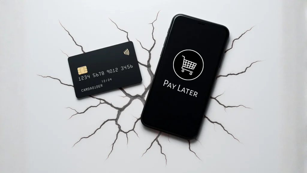 A top-down view of a credit card and a smartphone with a BNPL app on a white surface that is cracking with red light, symbolizing the hidden dangers in the buy now pay later vs credit card emi India choice.