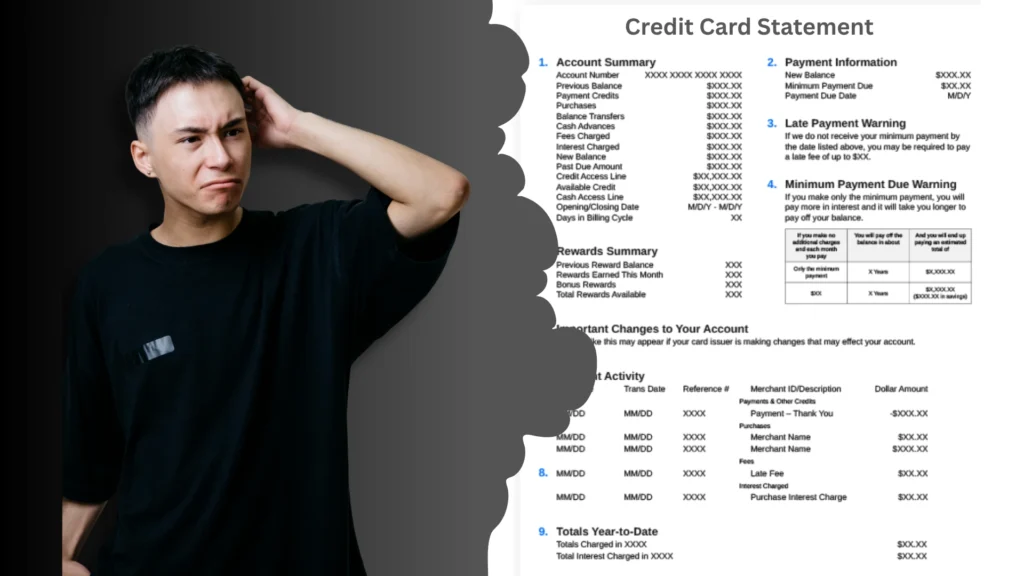 An infographic showing a confused person looking at their bill, illustrating the need for a guide on **how to read your credit card statement**.