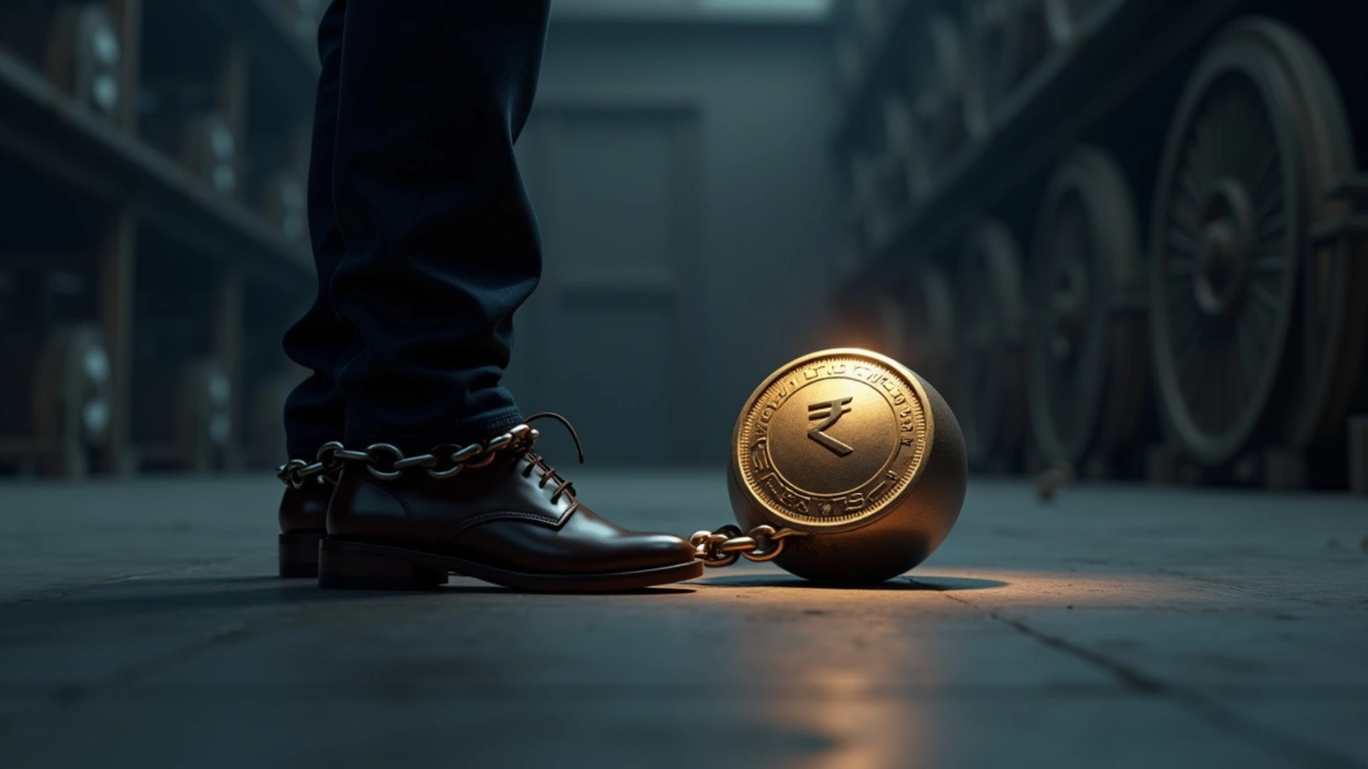 A person shackled to a giant Rupee coin, symbolizing the debt trap of not knowing **how to read your credit card statement** properly.