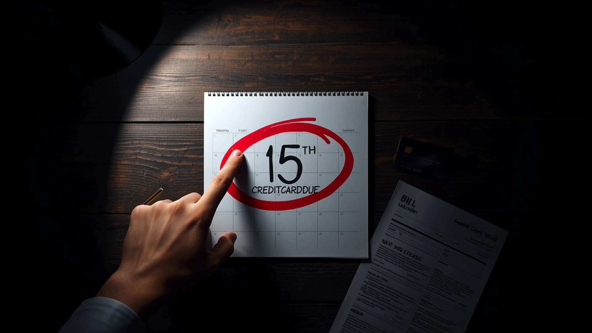 A person's hand pointing in panic at a missed credit card due date circled in red, a common scenario for a **missed first credit card payment**.