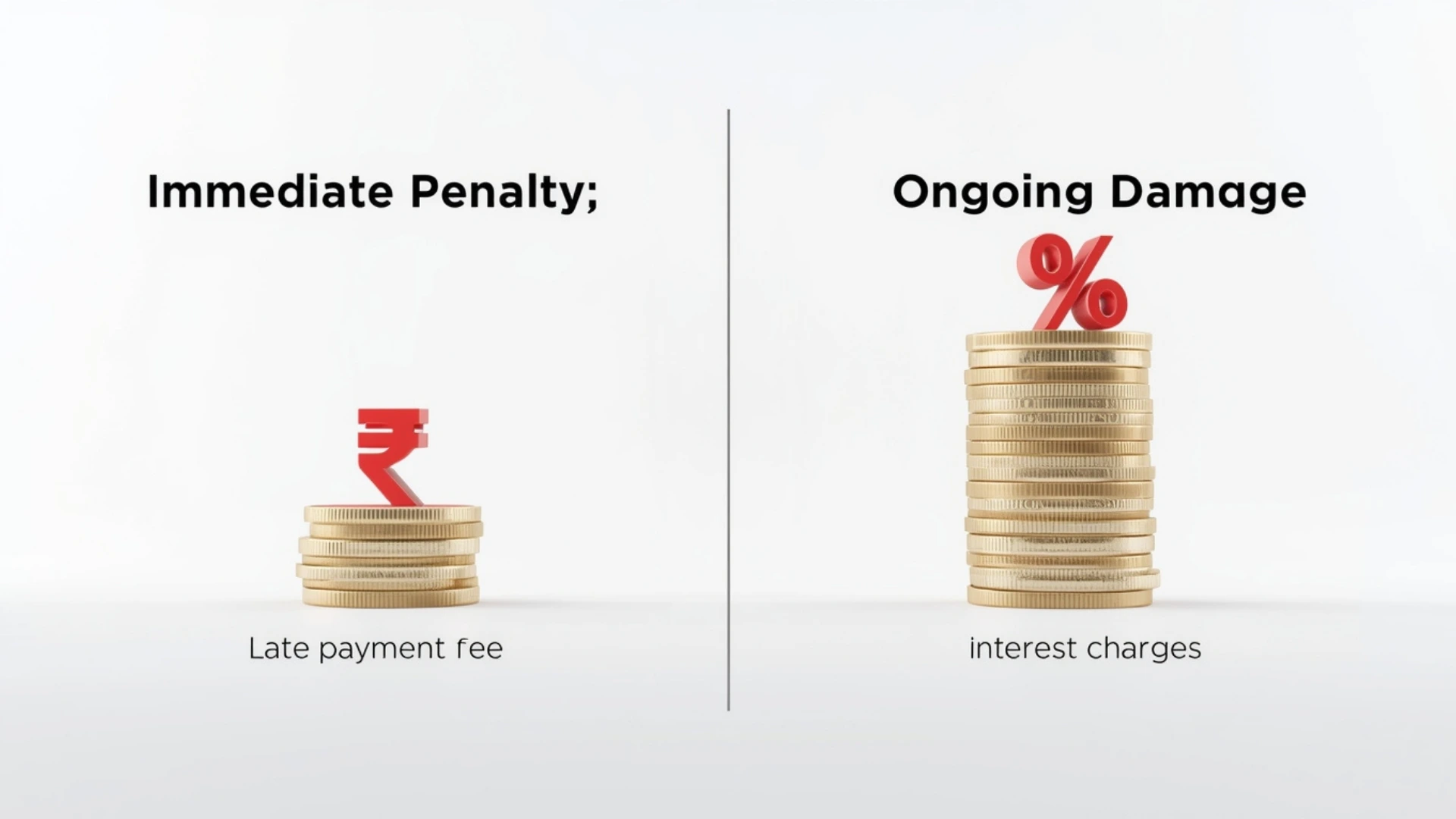 An infographic comparing the two penalties for a **missed first credit card payment**: a small late payment fee versus large, compounding interest charges.