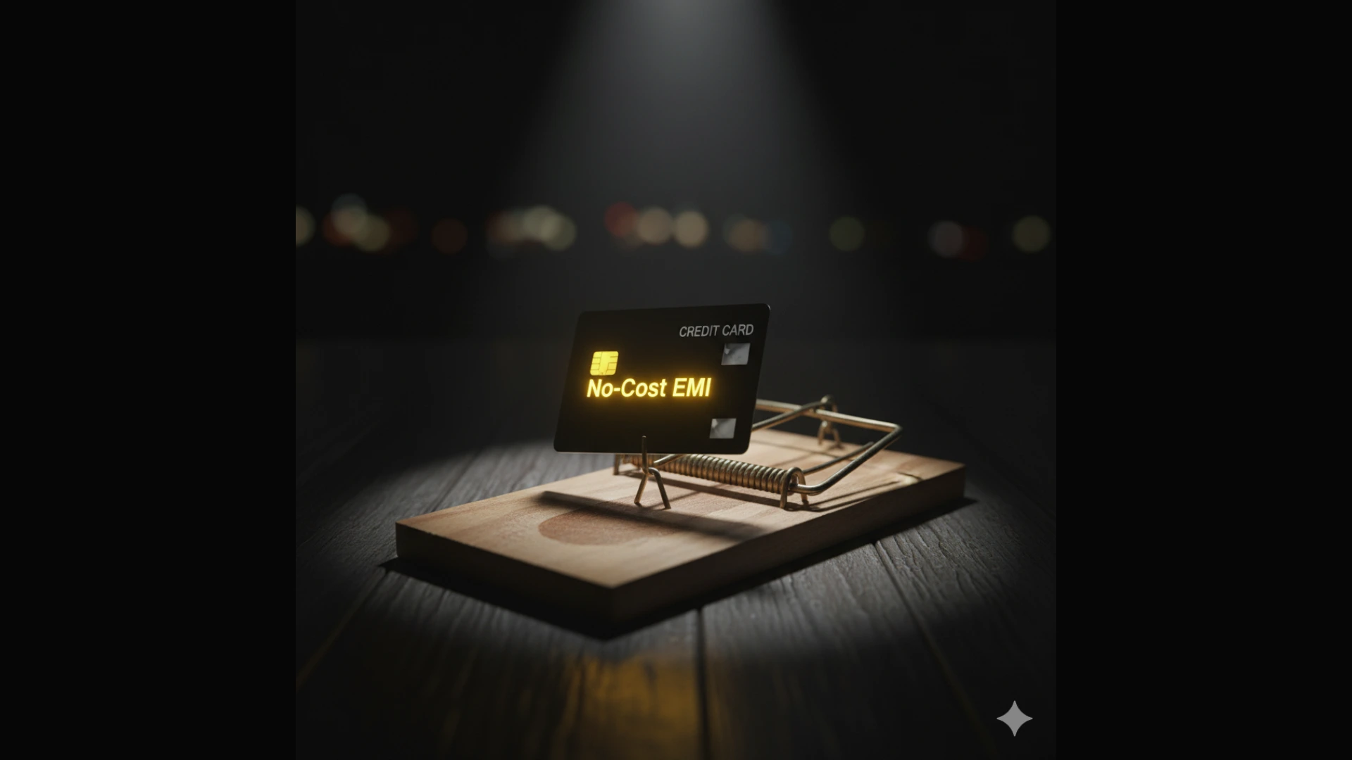 A mousetrap baited with a glowing credit card offering "No-Cost EMI", a key consideration in the buy now pay later vs credit card emi India analysis.