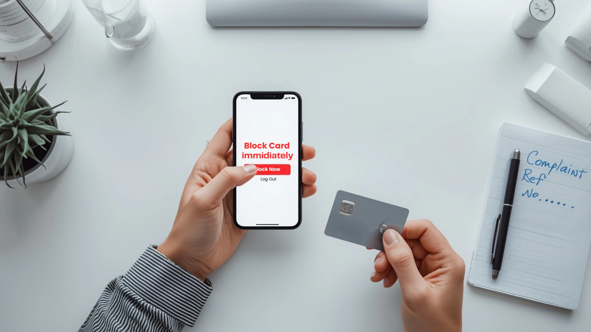 A top-down view of a person's hands executing the first step of the action plan for an unauthorized transaction on a credit card in India: blocking the card on a smartphone.