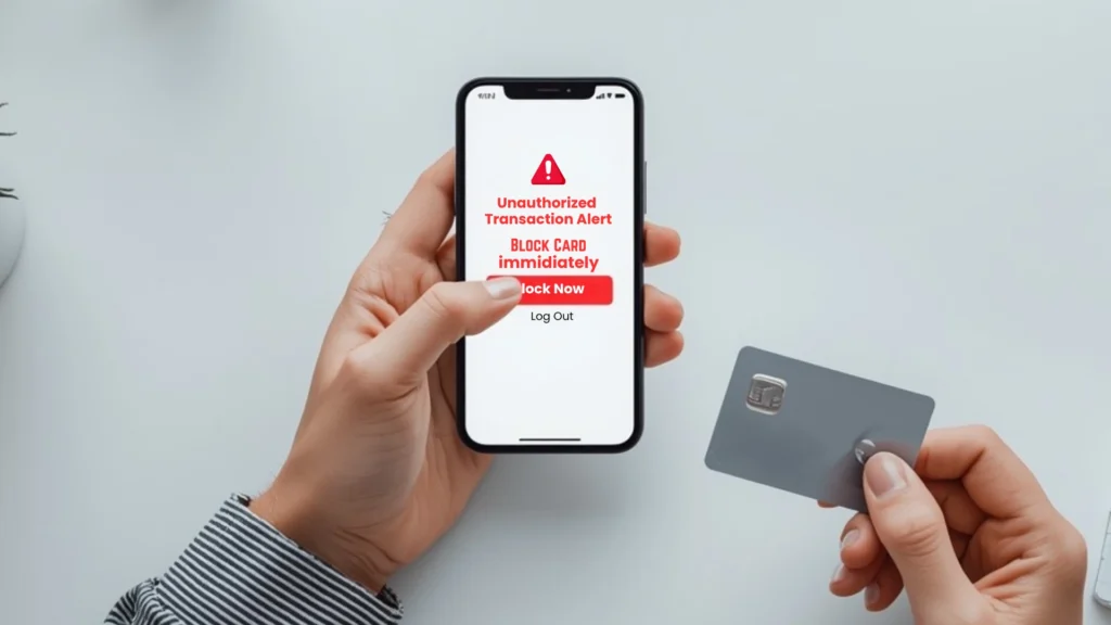 A person's hand decisively pressing 'Block Card Instantly' on a smartphone after receiving a red alert for an unauthorized transaction on credit card in India.