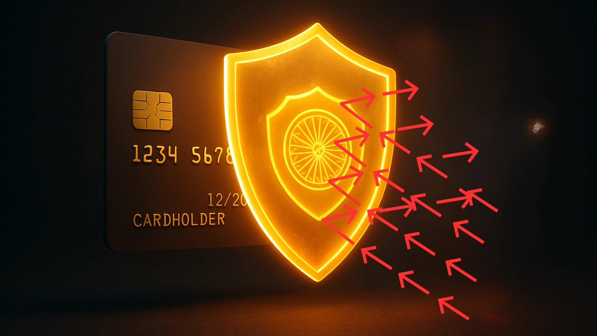 A symbolic image of a glowing golden shield with an Ashoka Chakra, representing RBI's protection against an unauthorized transaction on credit card in India.