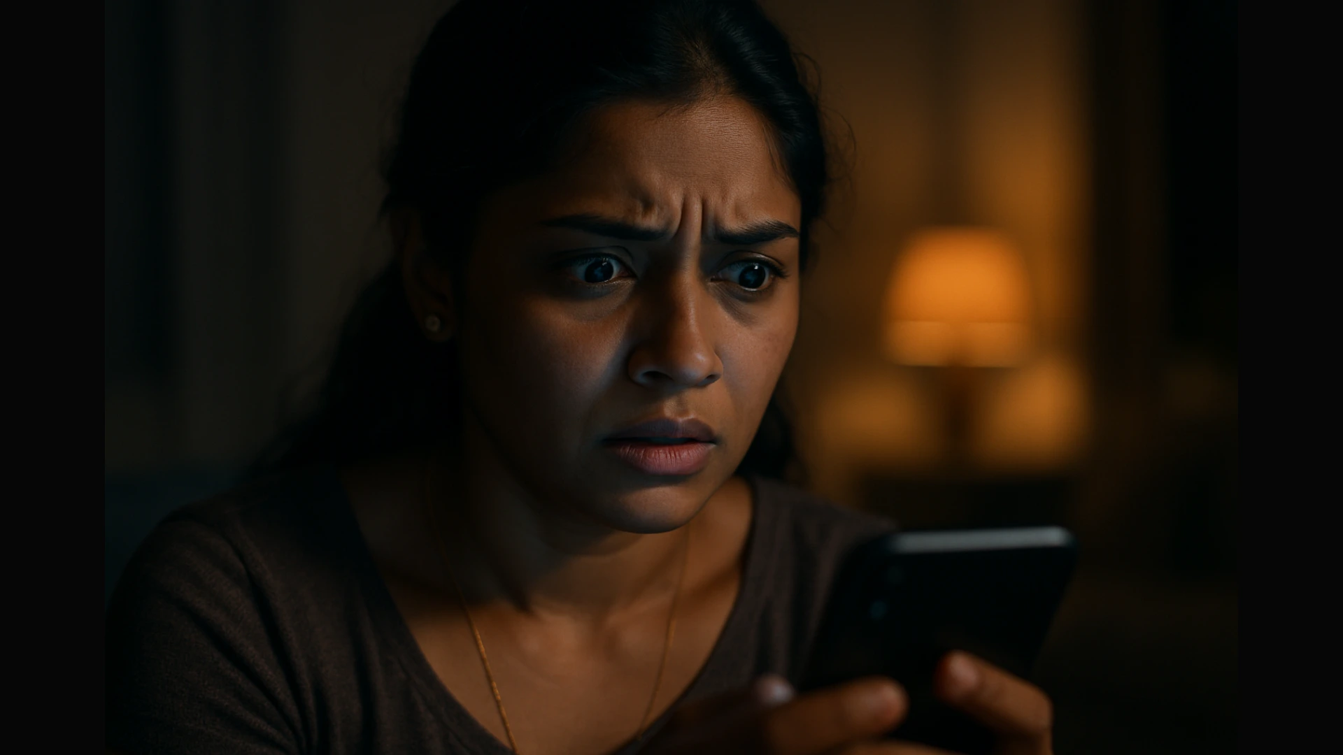 A young Indian woman with a look of shock and worry on her face, illuminated by her phone screen after discovering an unauthorized transaction on credit card in India.