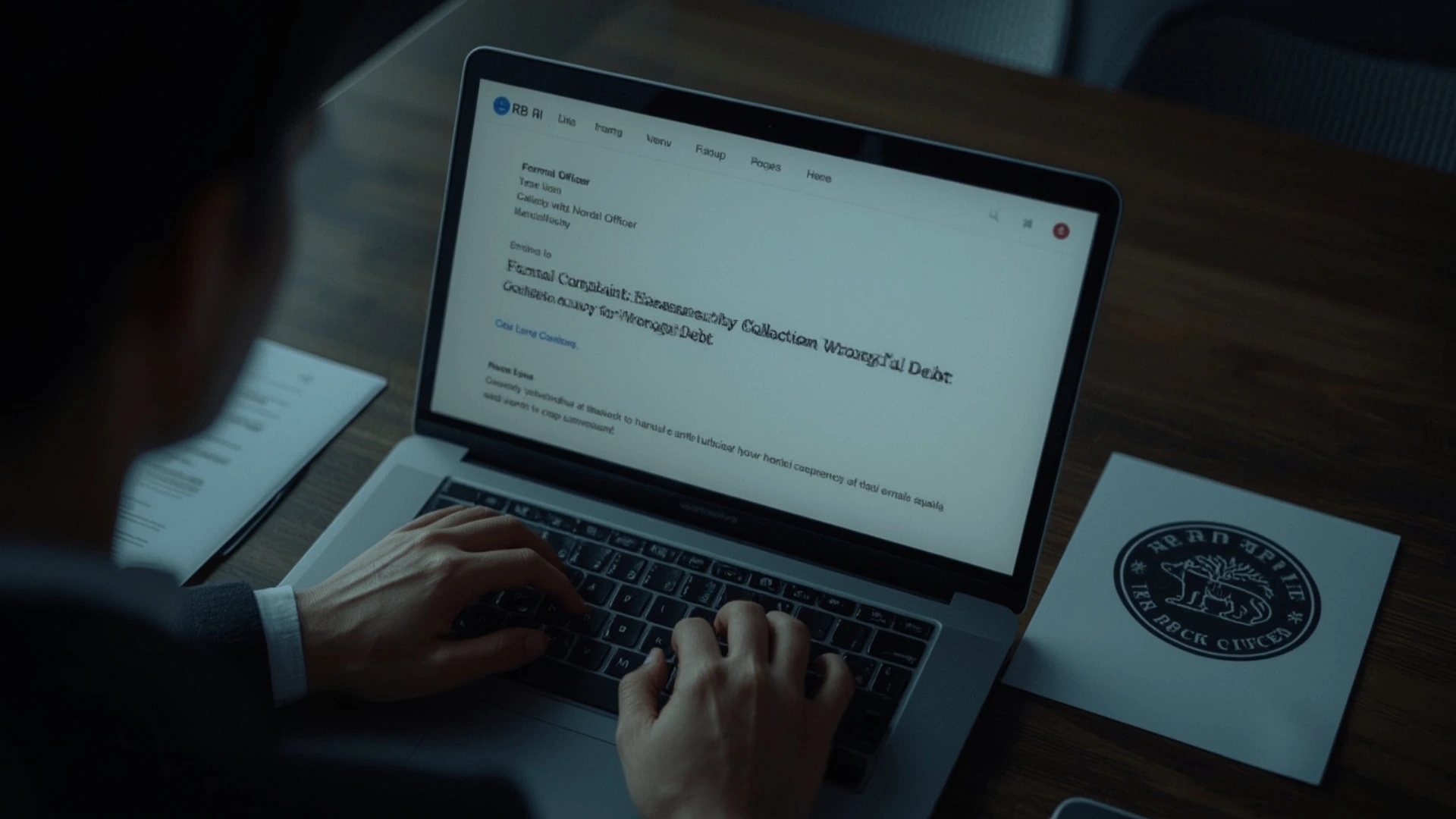 A person typing a formal complaint email to the RBI Ombudsman on a laptop, the final escalation for a collection agency calling for debt that is not mine.