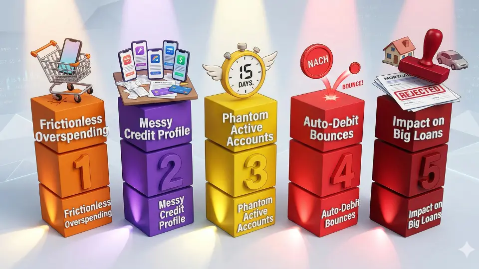 An infographic detailing five negative impacts of the UPI Credit Line Scam: 1. Frictionless Overspending, 2. Messy Credit Profile, 3. Phantom Active Accounts, 4. Auto-Debit Bounces, and 5. Rejection of Big Loans like mortgages or car loans.