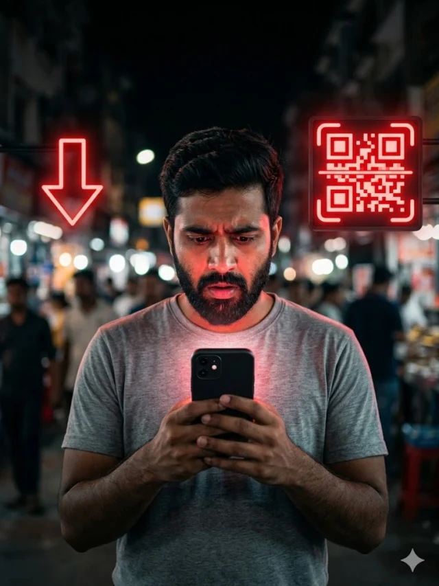 A distressed Indian man looking at his glowing smartphone with a massive red downward arrow and QR code in the background, symbolizing the sudden shock of a CIBIL score crash caused by the UPI Credit Line Scam.