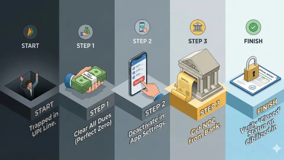 An infographic showing 5 steps to close a UPI credit line: starting from being trapped, clearing all dues, deactivating in-app settings, obtaining an NOC from the bank, and verifying the closed status on a CIBIL Report.