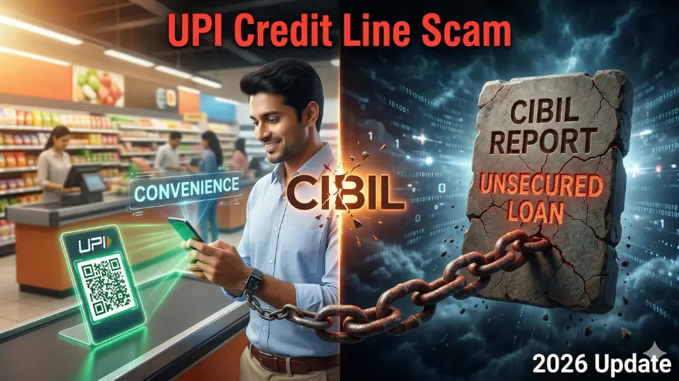 A split image showing a man enjoying the convenience of a UPI payment in a grocery store on the left, while the right side shows him chained to a heavy CIBIL Report stone labeled "Unsecured Loan," illustrating the UPI Credit Line Scam.