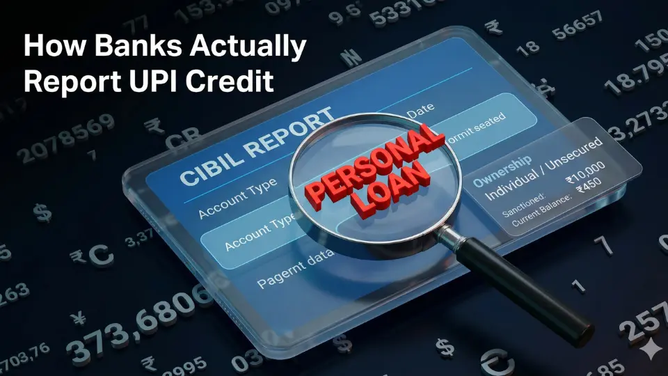 A magnifying glass hovering over a CIBIL Report showing a UPI Credit Line scam where a credit line is incorrectly reported as a Personal Loan, impacting the user’s credit score.