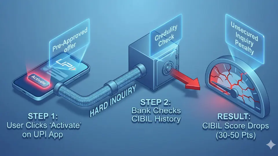 An infographic illustrating the UPI Credit Line Scam process: Step 1 shows a user clicking 'Activate' on a UPI app; Step 2 shows the bank performing a Hard Inquiry; and the Result shows a CIBIL score dropping by 30 to 50 points.