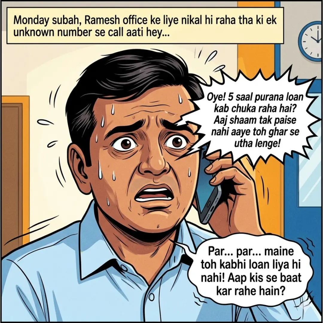A terrified man sweating on a phone call, illustrating the panic when a Collection Agency Calling For Debt That Is Not Mine?