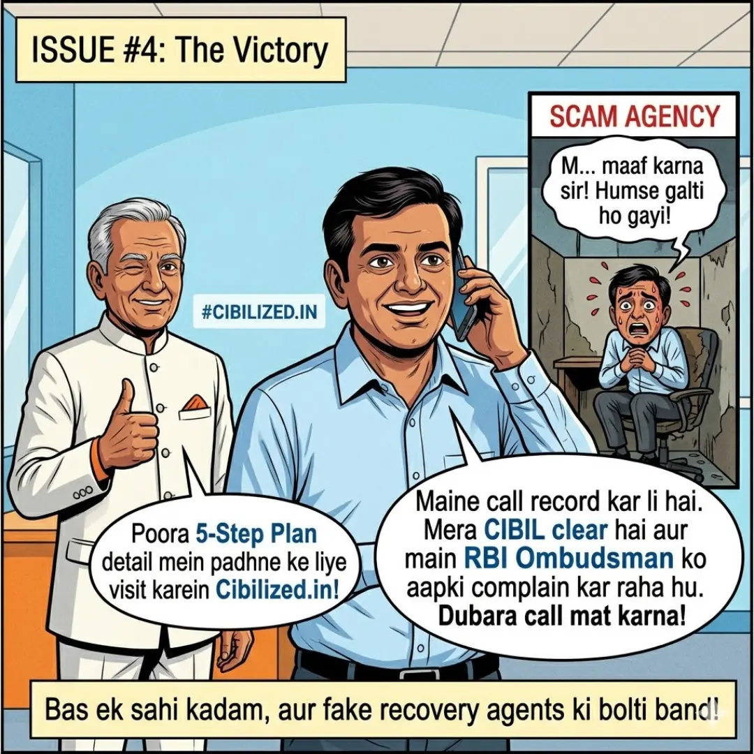 Confident Ramesh confronting the fake recovery agent after following the Cibilized.in action plan.