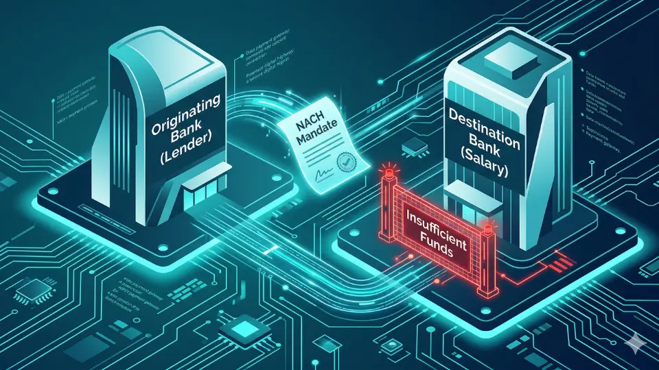 A digital infographic showing a NACH mandate being blocked by an Insufficient Funds barrier between an originating lender bank and a destination salary bank, illustrating the technical cause of the same day NACH bounce impact on CIBIL score.
