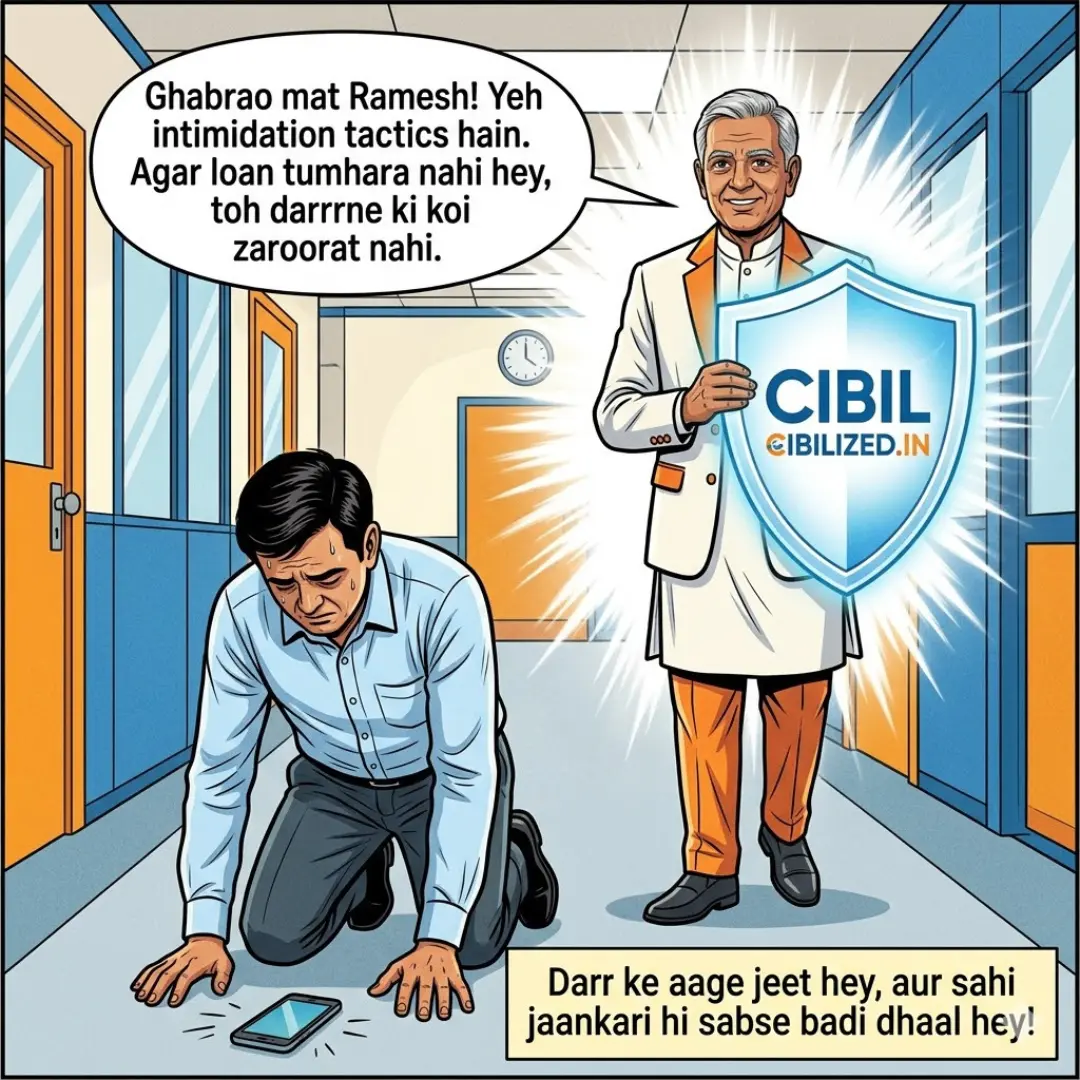 Cibilized.in Credit Guru arrives with a glowing CIBIL shield to rescue him from fake loan intimidation tactics.