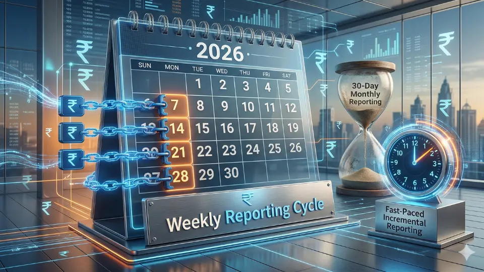 A 3D conceptual illustration of a 2026 calendar highlighting the 7th, 14th, 21st, and 28th days for the new RBI weekly reporting cycle, which accelerates the same day NACH bounce impact on CIBIL score.
