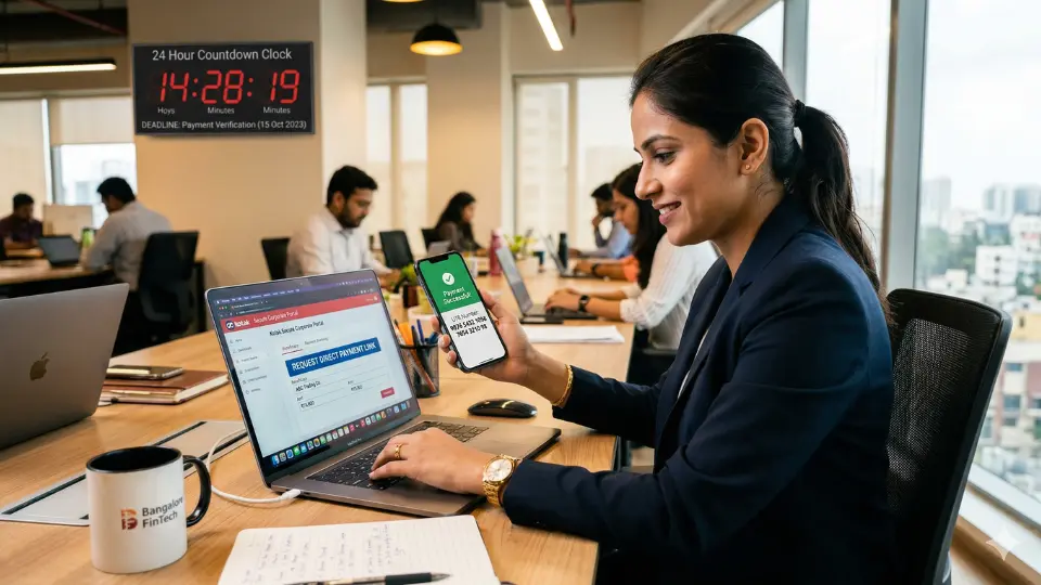 A professional Indian woman using a laptop and smartphone to secure a direct payment link and UTR number, executing a 24-hour recovery strategy to prevent the same day NACH bounce impact on CIBIL score.