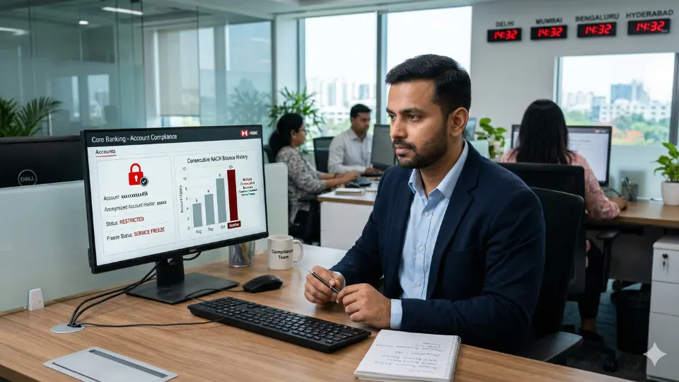 A bank compliance officer reviewing a restricted account dashboard due to multiple consecutive auto-debit failures, showing the severe consequences beyond just the same day NACH bounce impact on CIBIL score.