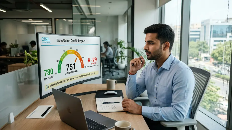 A professional Indian man looking at a computer monitor showing a TransUnion credit report dropping from 780 to 751, illustrating the same day NACH bounce impact on CIBIL score.