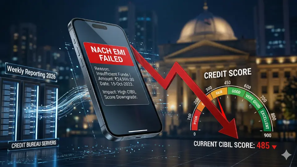 A digital illustration showing a smartphone with a NACH EMI failed alert, causing a direct drop on a credit score meter, representing the same day NACH bounce impact on CIBIL score under the new 2026 weekly reporting rules.